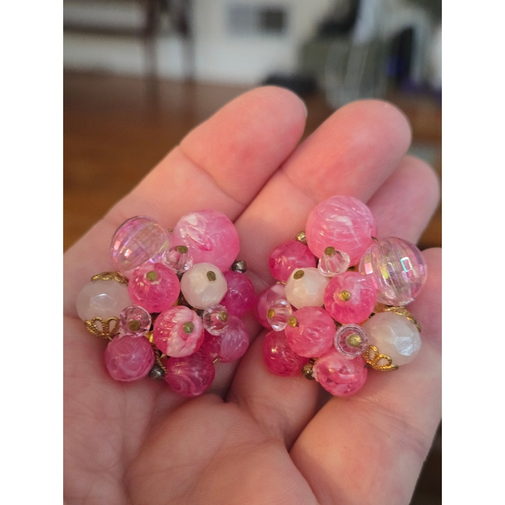 W Germany Pink Bead Cluster Clip Earrings Vintage Unsigned